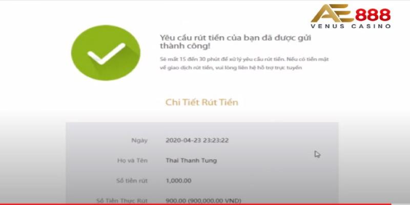 Biểu mẫu thông báo rút tiền AE888 thành công